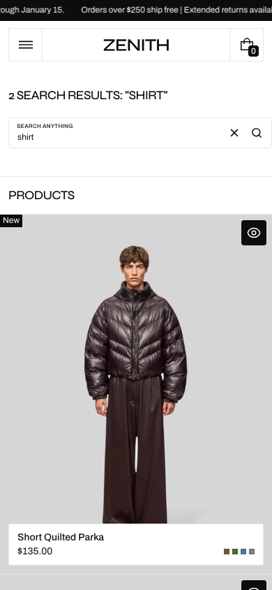 Search → panel opened — Navi+ on the Zenith Shopify theme
