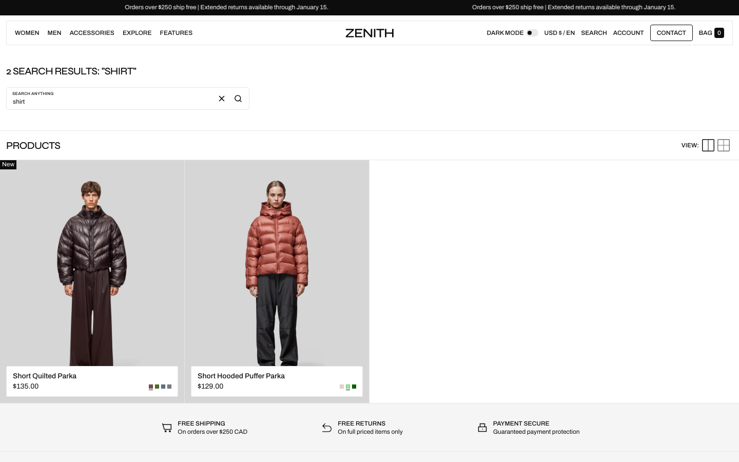 Search → panel opened — Navi+ on the Zenith Shopify theme