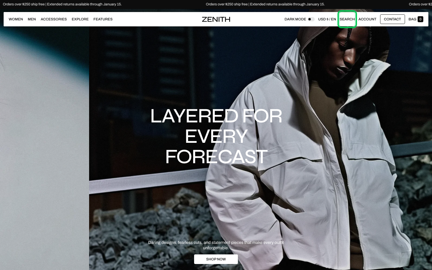 Search → panel opened — Navi+ on the Zenith Shopify theme