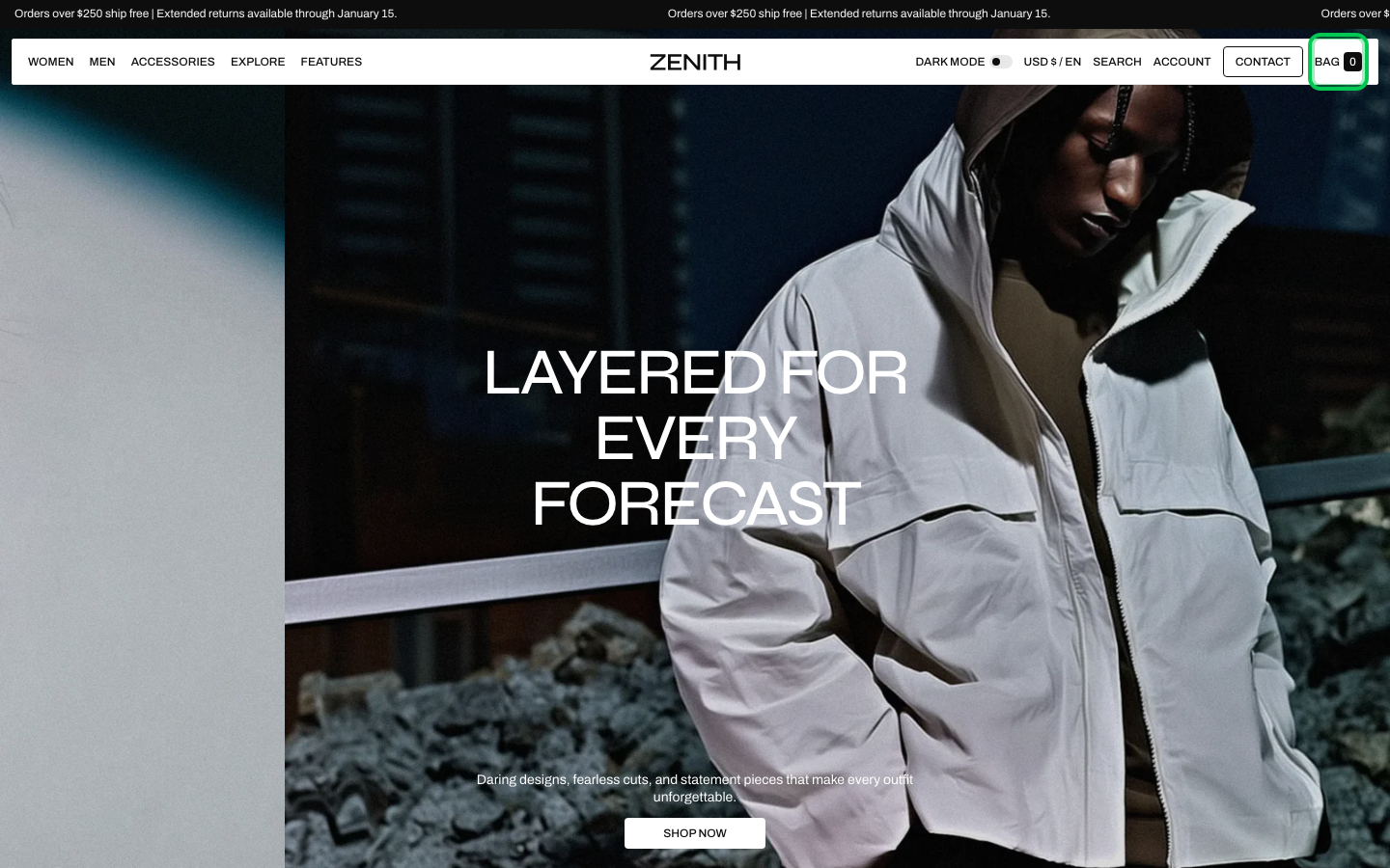 Cart → panel opened — Navi+ on the Zenith Shopify theme