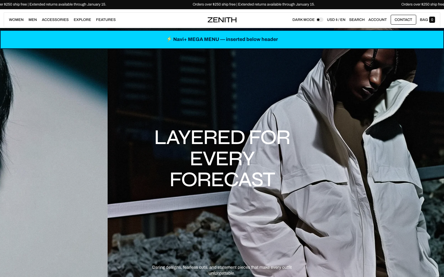 Menu inserted below header — Navi+ on the Zenith Shopify theme
