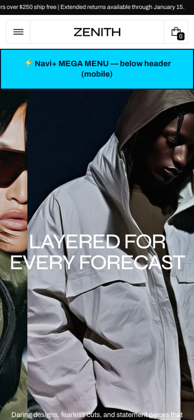 Menu inserted below header — Navi+ on the Zenith Shopify theme