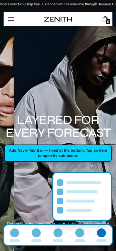 Navi+ Tab Bar on the Zenith Shopify theme Navi+ Tab Bar on the Zenith Shopify theme
