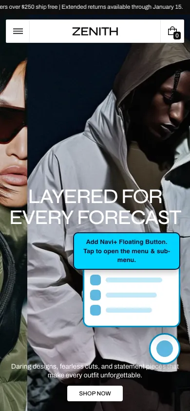 Navi+ FAB on the Zenith Shopify theme Navi+ FAB on the Zenith Shopify theme