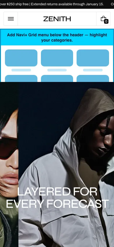 Navi+ Grid Menu on the Zenith Shopify theme Navi+ Grid Menu on the Zenith Shopify theme