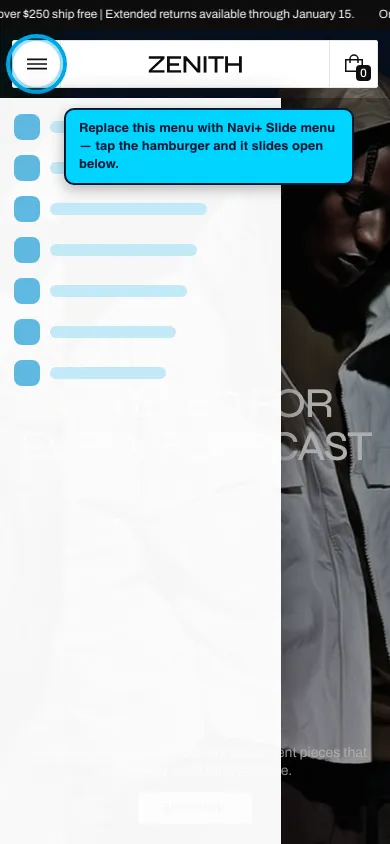 Navi+ Slide Menu on the Zenith Shopify theme Navi+ Slide Menu on the Zenith Shopify theme