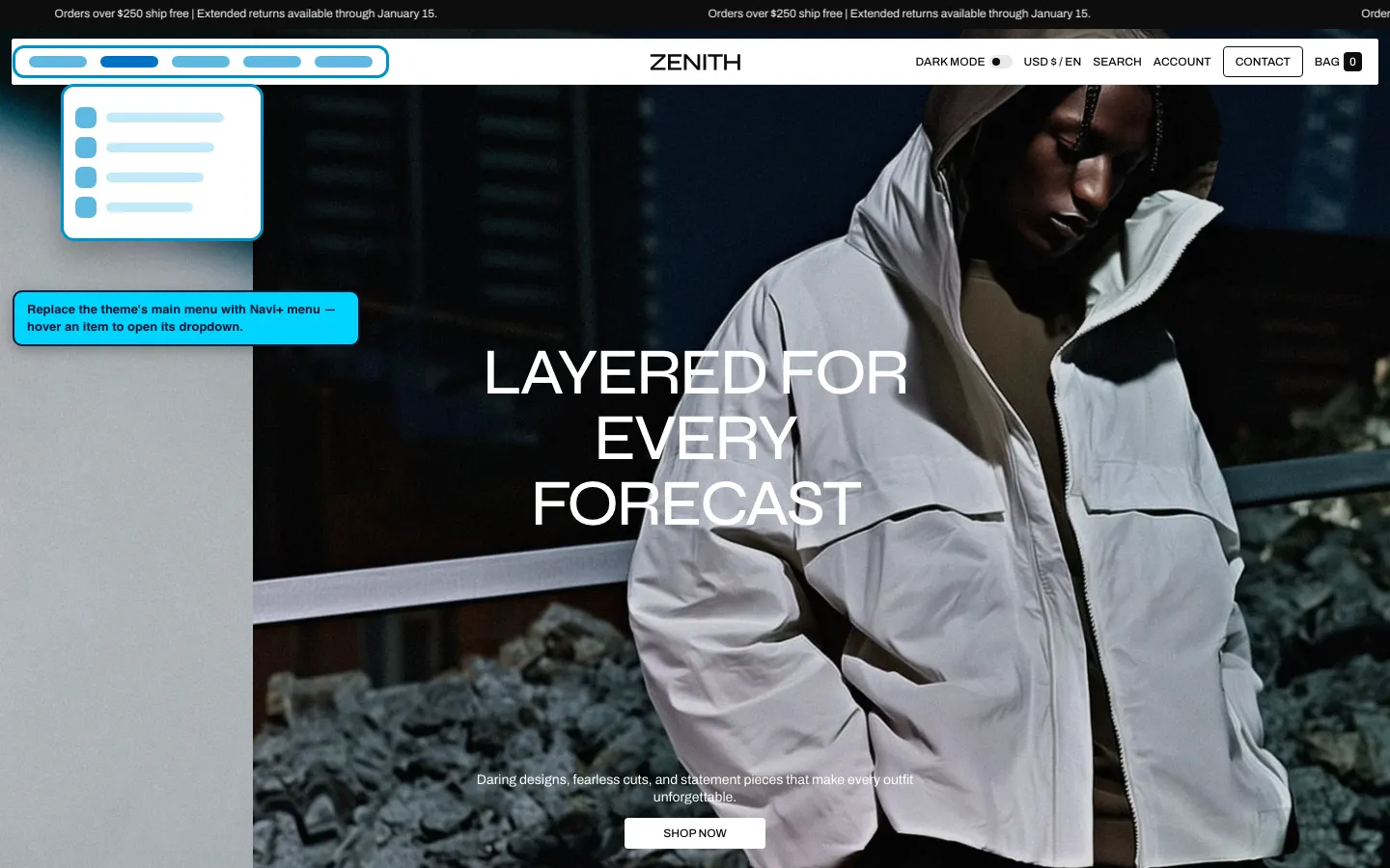 Navi+ Mega Menu replacing the desktop menu on the Zenith Shopify theme