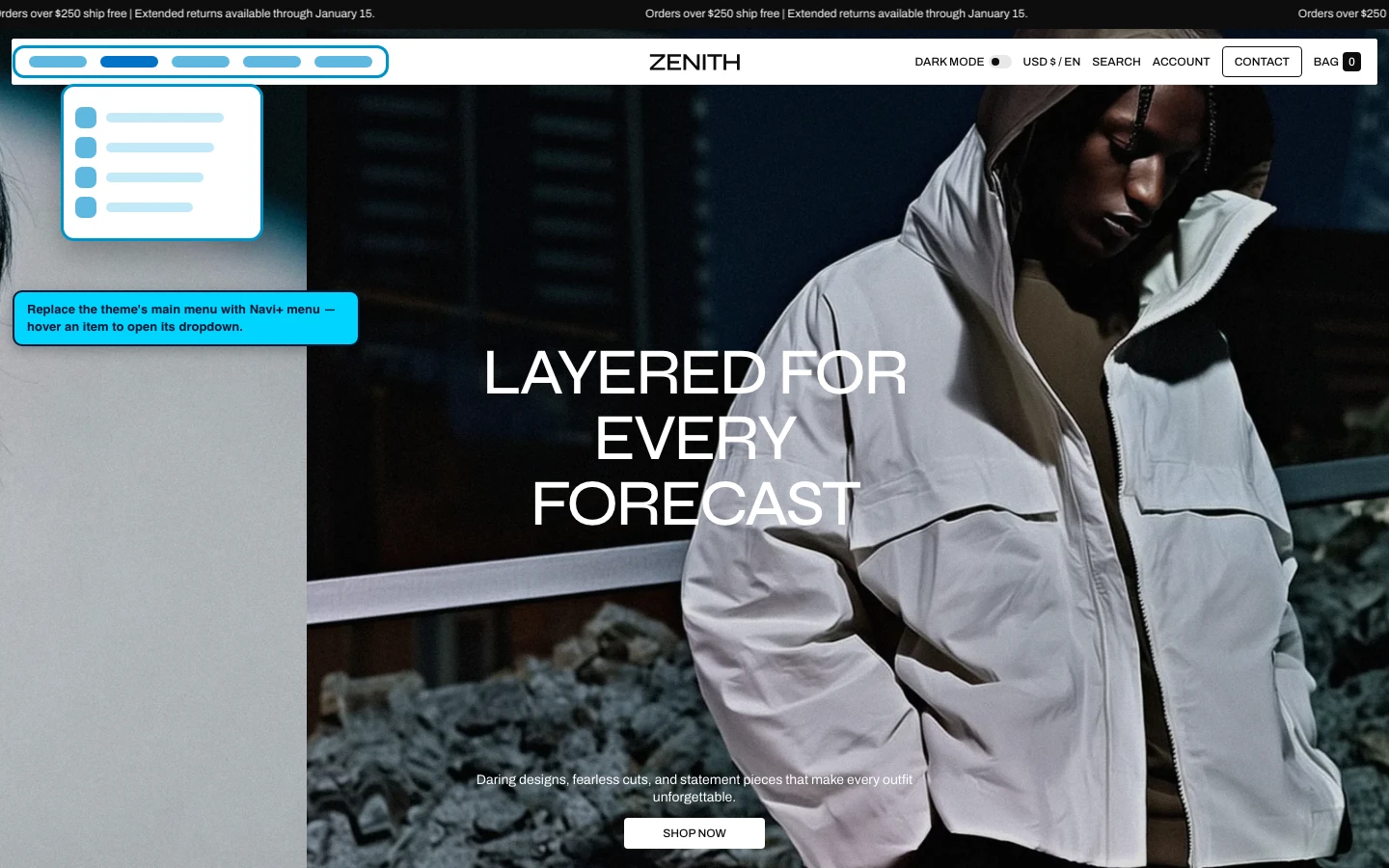 Navi+ Mega Menu replacing the desktop menu on the Zenith Shopify theme Navi+ Mega Menu replacing the desktop menu on the Zenith Shopify theme