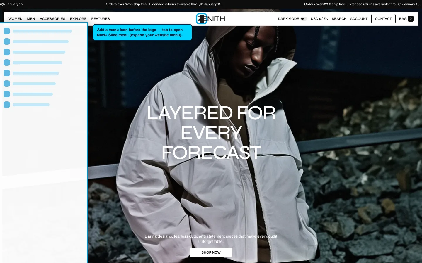 Navi+ trigger icon before the logo on the Zenith Shopify theme Navi+ trigger icon before the logo on the Zenith Shopify theme