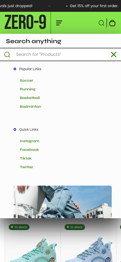 Search → panel opened — Navi+ on the Zero Shopify theme Search → panel opened — Navi+ on the Zero Shopify theme