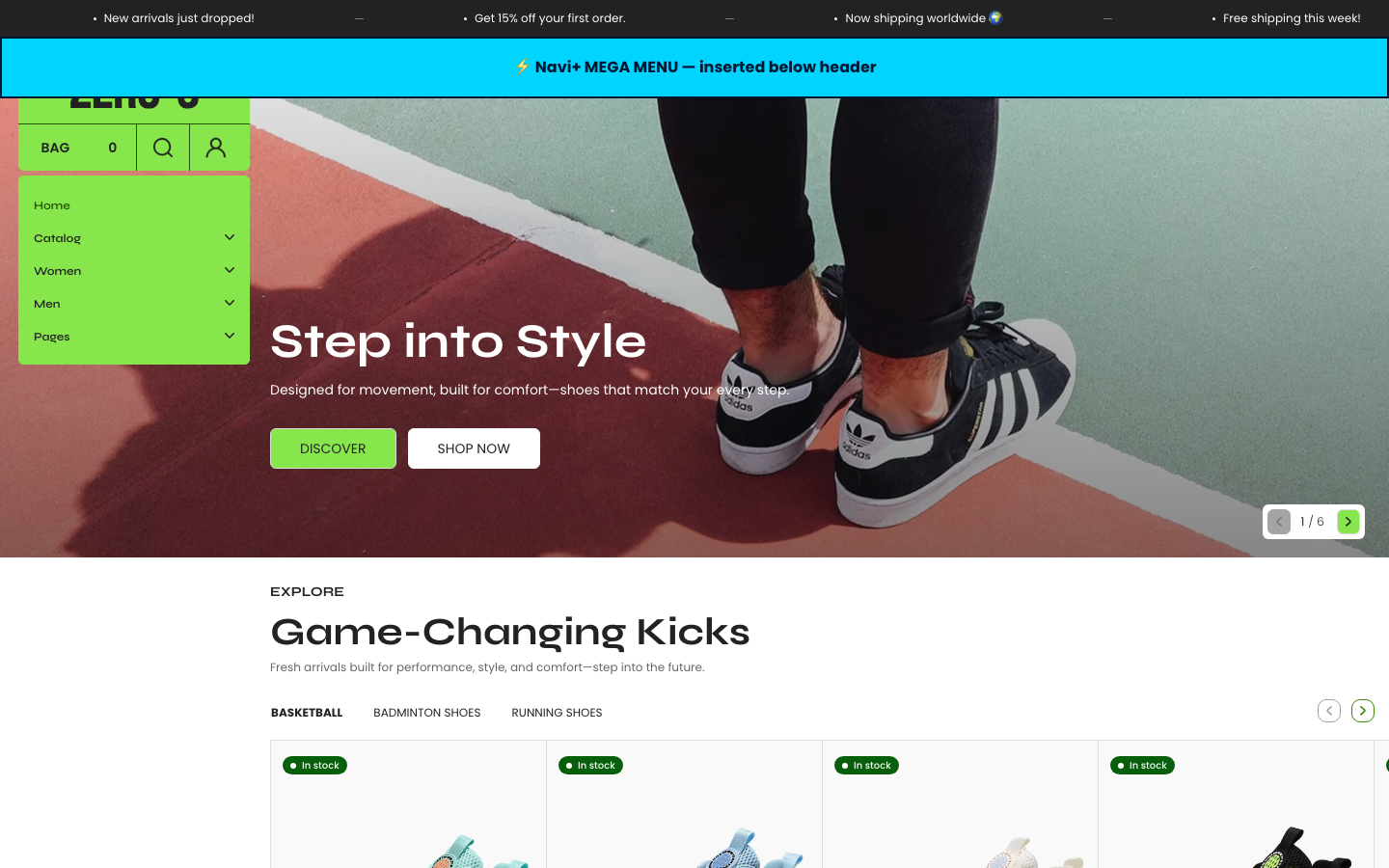 Menu inserted below header — Navi+ on the Zero Shopify theme Menu inserted below header — Navi+ on the Zero Shopify theme