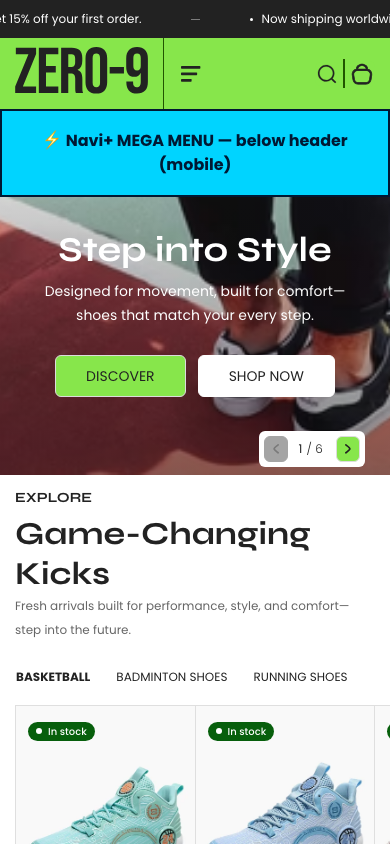 Menu inserted below header — Navi+ on the Zero Shopify theme Menu inserted below header — Navi+ on the Zero Shopify theme