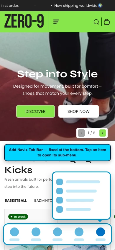 Navi+ Tab Bar on the Zero Shopify theme Navi+ Tab Bar on the Zero Shopify theme