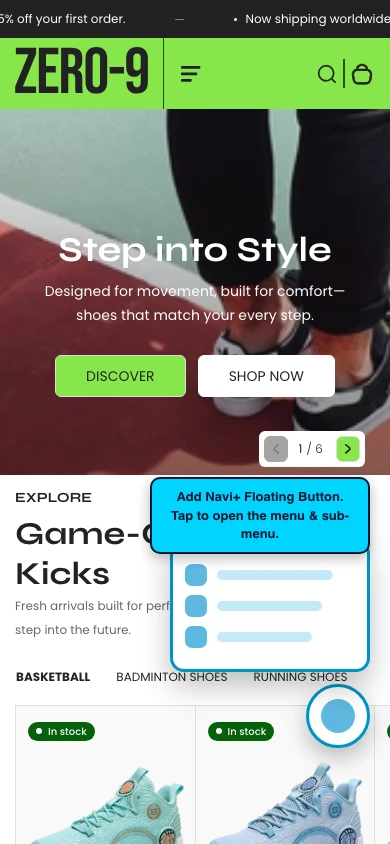 Navi+ FAB on the Zero Shopify theme Navi+ FAB on the Zero Shopify theme