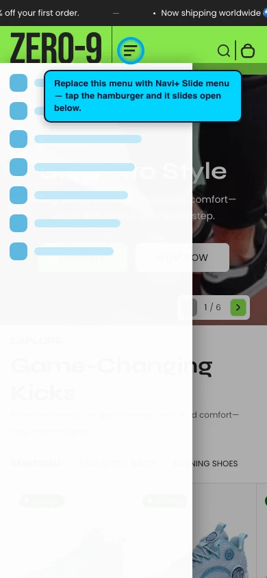 Navi+ Slide Menu on the Zero Shopify theme Navi+ Slide Menu on the Zero Shopify theme