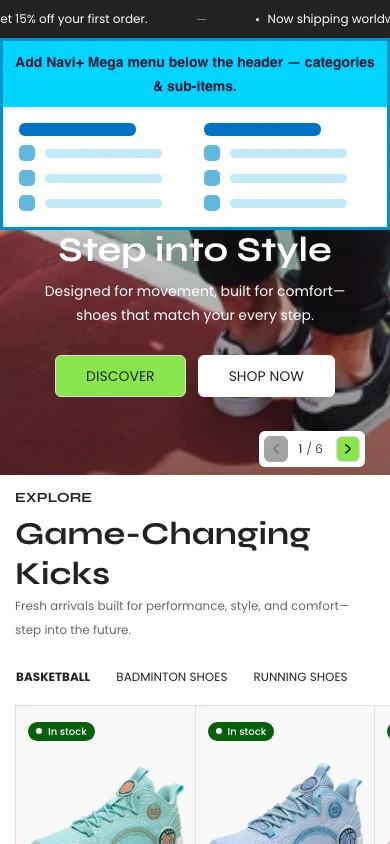 Navi+ mobile Mega Menu on the Zero Shopify theme Navi+ mobile Mega Menu on the Zero Shopify theme