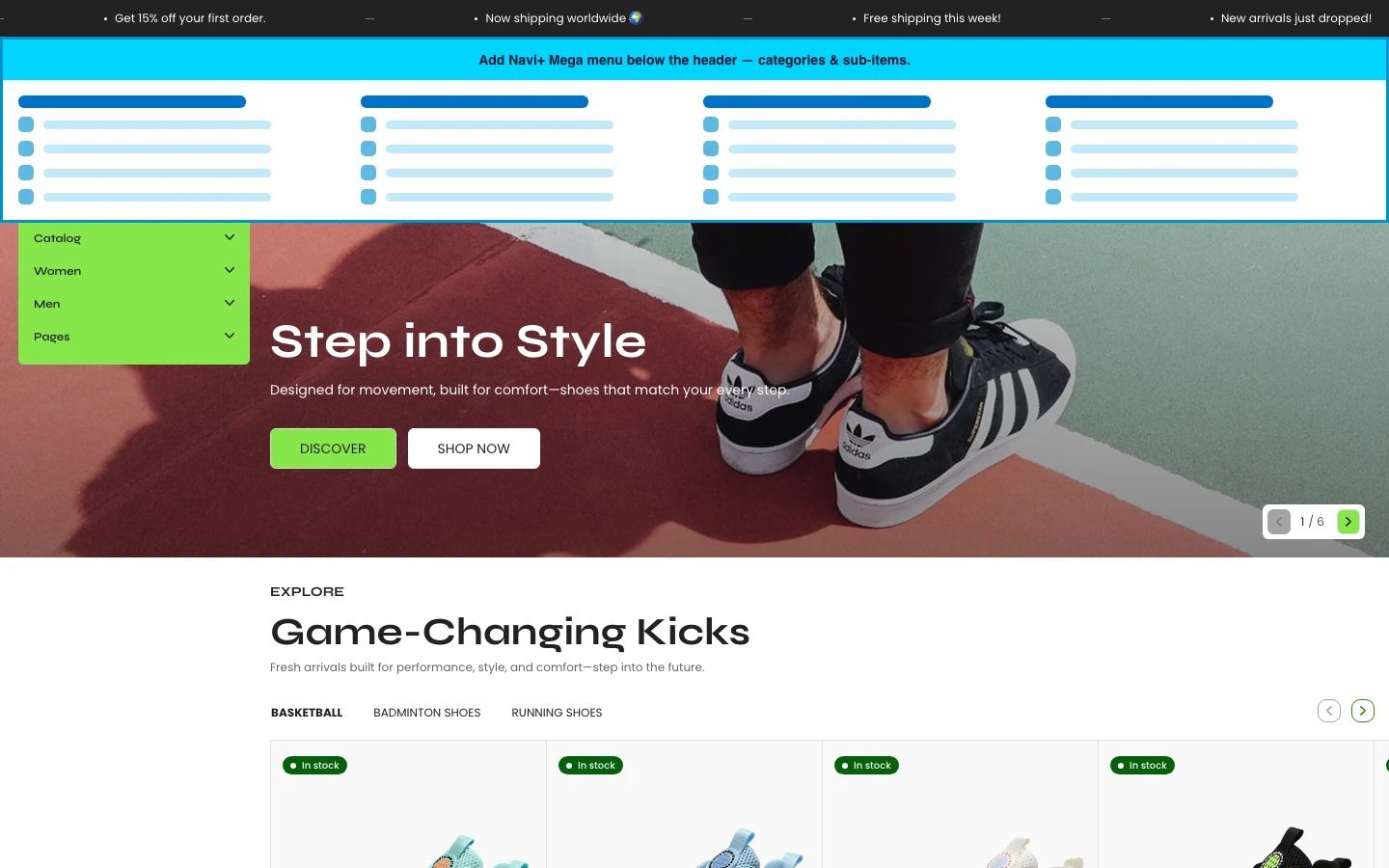 Navi+ Mega Menu inserted below the header on the Zero Shopify theme Navi+ Mega Menu inserted below the header on the Zero Shopify theme