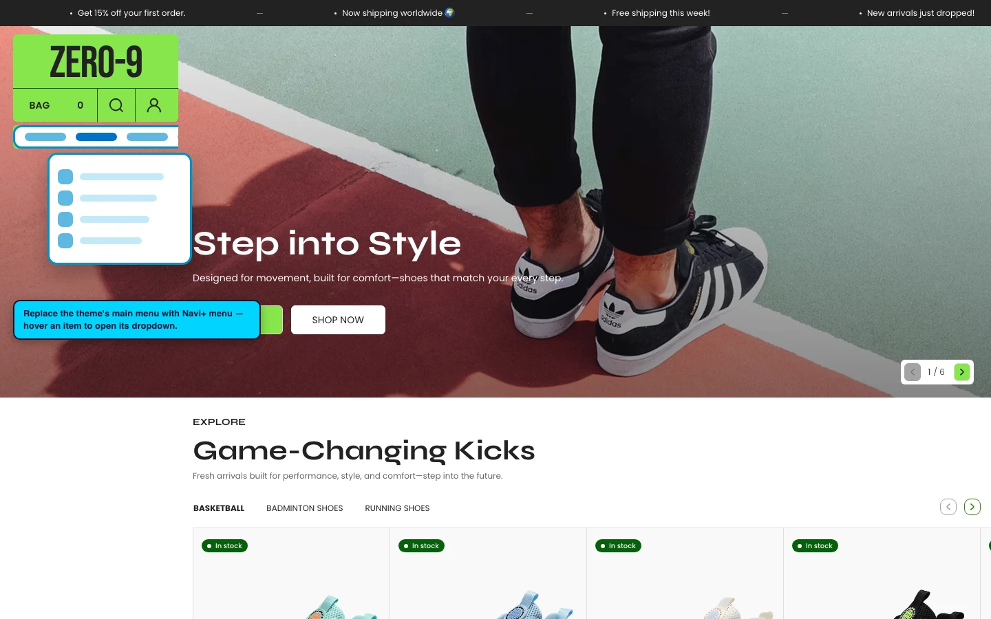 Navi+ Mega Menu replacing the desktop menu on the Zero Shopify theme Navi+ Mega Menu replacing the desktop menu on the Zero Shopify theme