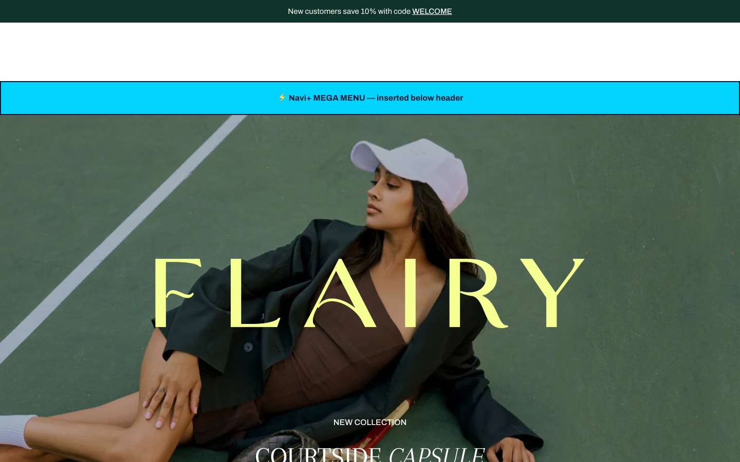 Menu inserted below header — Navi+ on the Zest Shopify theme