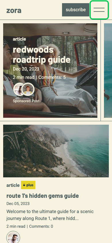 Hamburger → panel opened — Navi+ on the Zora Shopify theme Hamburger → panel opened — Navi+ on the Zora Shopify theme