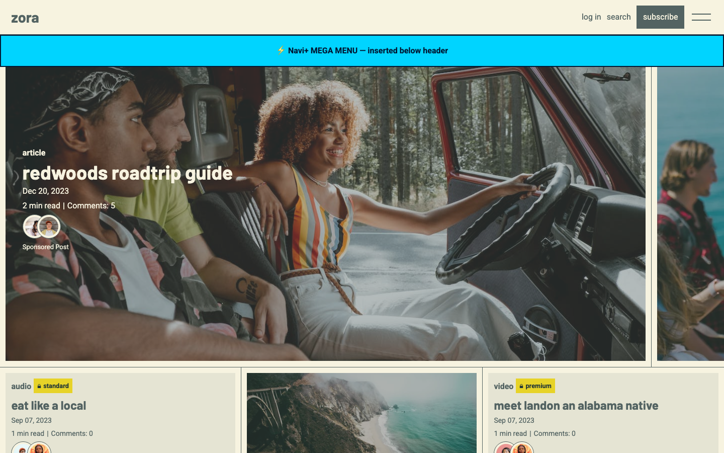 Menu inserted below header — Navi+ on the Zora Shopify theme Menu inserted below header — Navi+ on the Zora Shopify theme