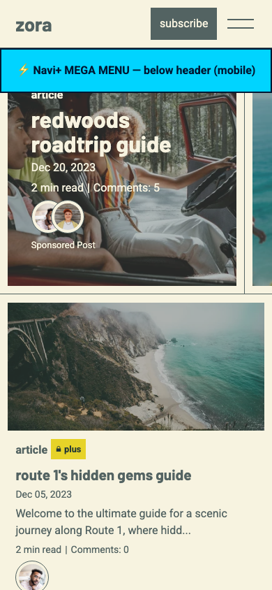 Menu inserted below header — Navi+ on the Zora Shopify theme Menu inserted below header — Navi+ on the Zora Shopify theme
