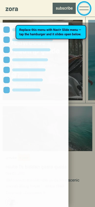 Navi+ Slide Menu on the Zora Shopify theme Navi+ Slide Menu on the Zora Shopify theme