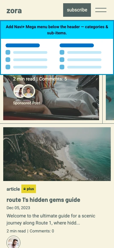 Navi+ mobile Mega Menu on the Zora Shopify theme Navi+ mobile Mega Menu on the Zora Shopify theme