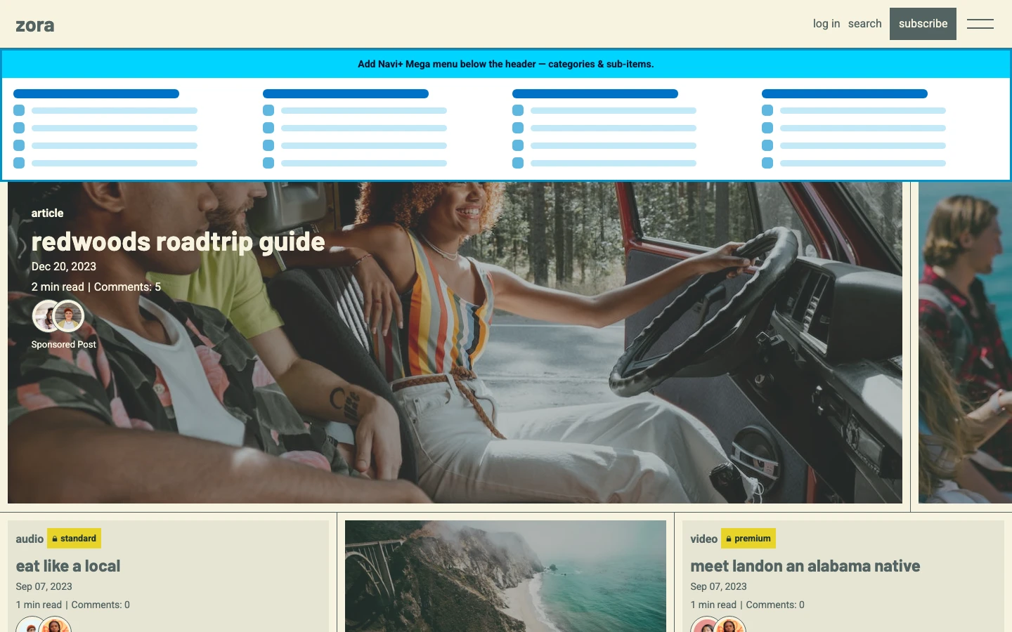 Navi+ Mega Menu inserted below the header on the Zora Shopify theme Navi+ Mega Menu inserted below the header on the Zora Shopify theme
