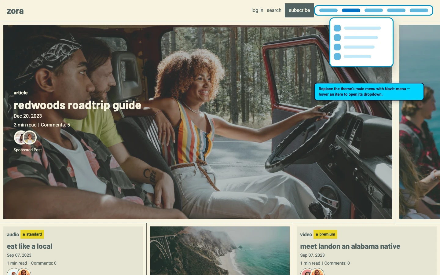 Navi+ Mega Menu replacing the desktop menu on the Zora Shopify theme