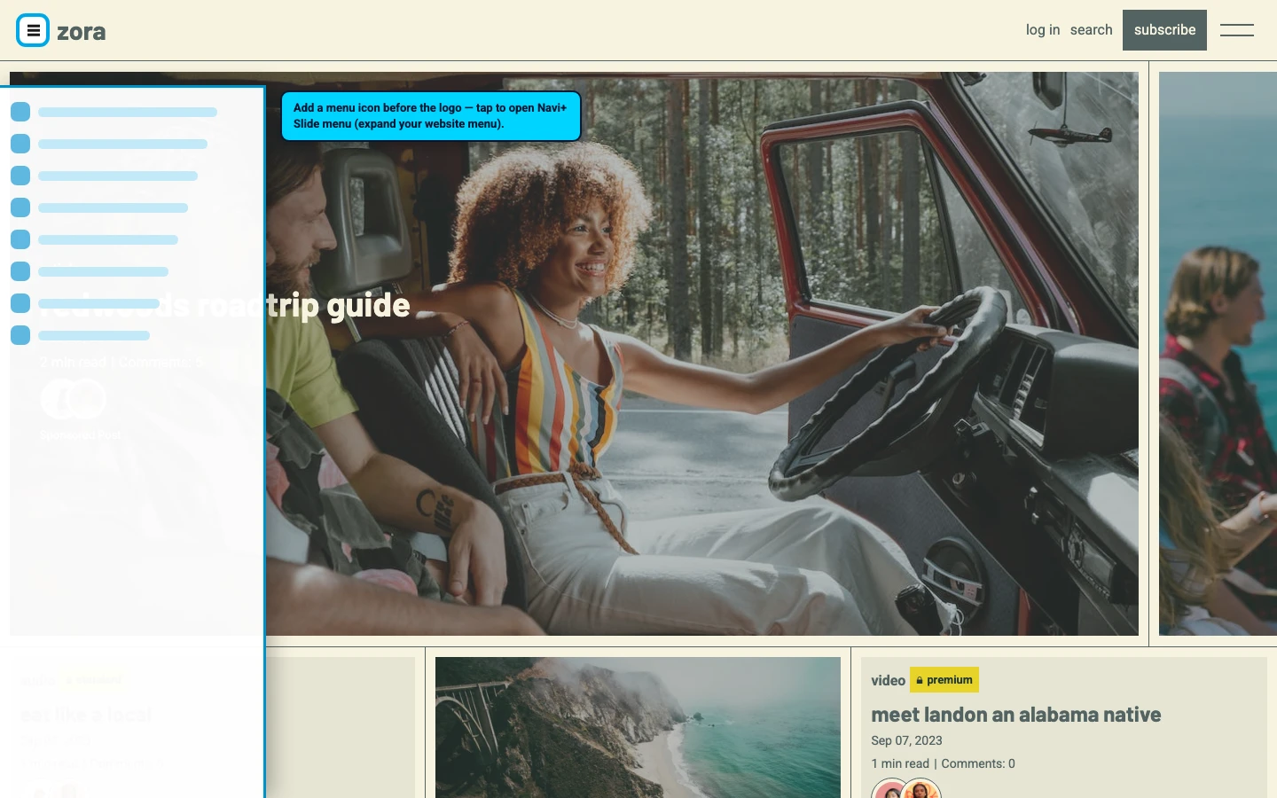 Navi+ trigger icon before the logo on the Zora Shopify theme Navi+ trigger icon before the logo on the Zora Shopify theme