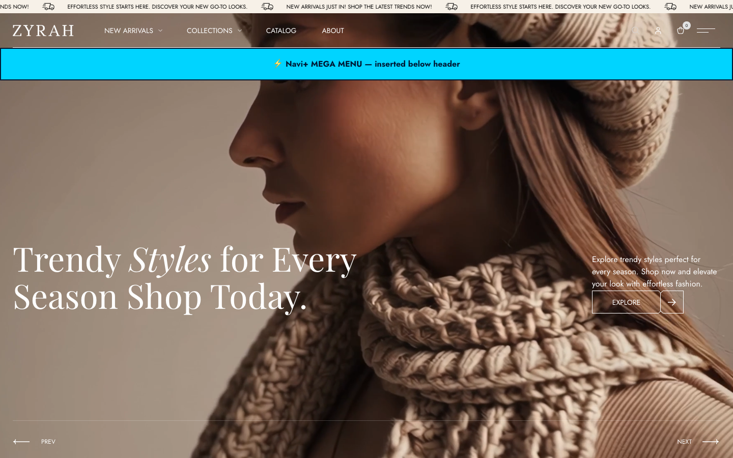 Menu inserted below header — Navi+ on the Zyra Shopify theme Menu inserted below header — Navi+ on the Zyra Shopify theme