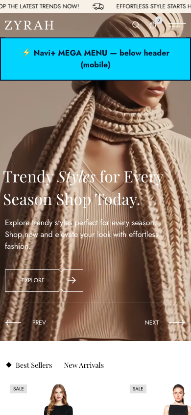 Menu inserted below header — Navi+ on the Zyra Shopify theme Menu inserted below header — Navi+ on the Zyra Shopify theme