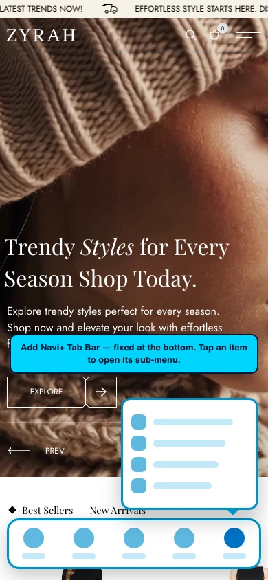 Navi+ Tab Bar on the Zyra Shopify theme Navi+ Tab Bar on the Zyra Shopify theme