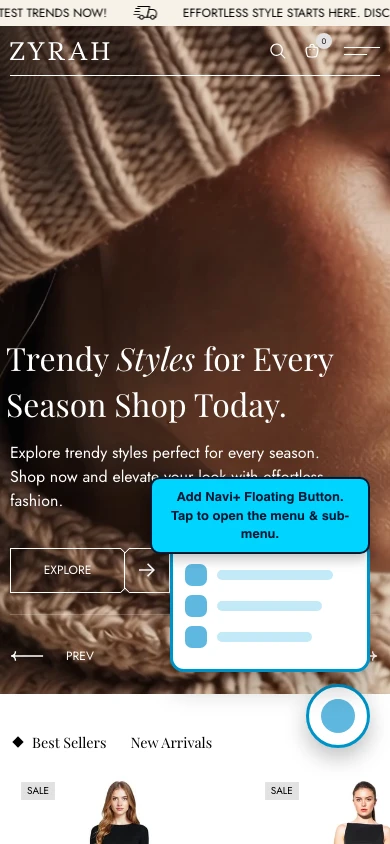 Navi+ FAB on the Zyra Shopify theme Navi+ FAB on the Zyra Shopify theme