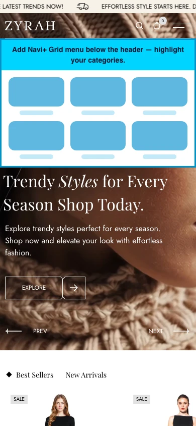 Navi+ Grid Menu on the Zyra Shopify theme Navi+ Grid Menu on the Zyra Shopify theme