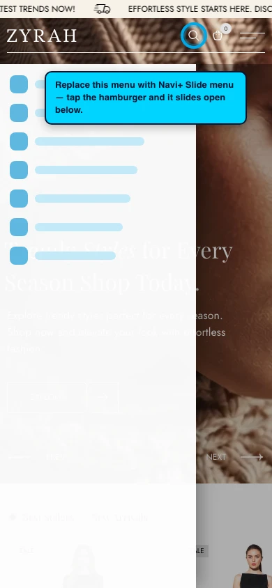 Navi+ Slide Menu on the Zyra Shopify theme Navi+ Slide Menu on the Zyra Shopify theme