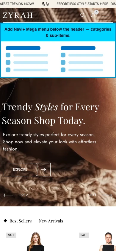 Navi+ mobile Mega Menu on the Zyra Shopify theme Navi+ mobile Mega Menu on the Zyra Shopify theme