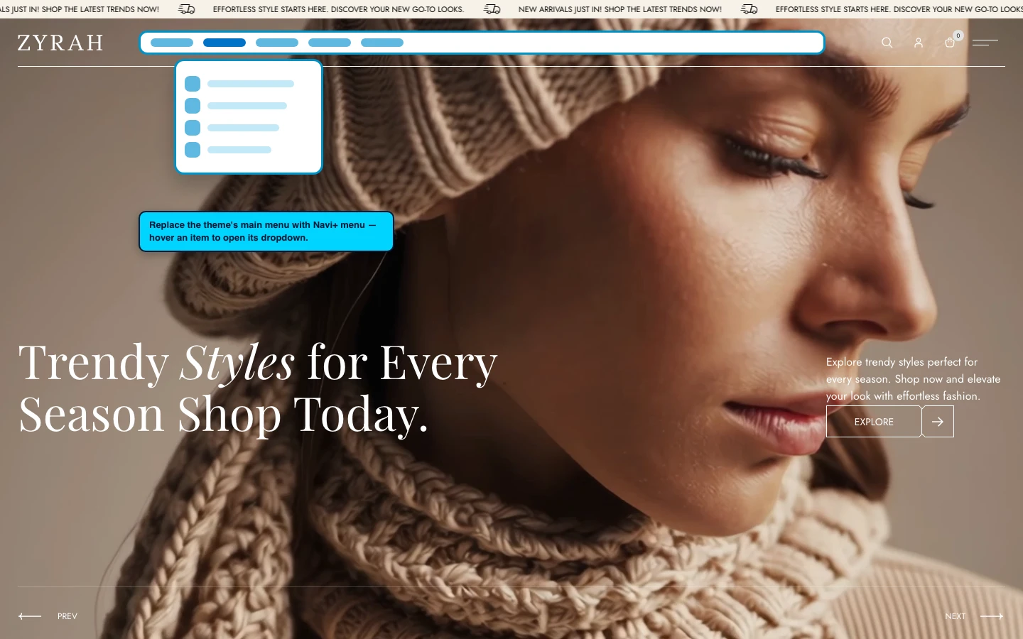Navi+ Mega Menu replacing the desktop menu on the Zyra Shopify theme Navi+ Mega Menu replacing the desktop menu on the Zyra Shopify theme