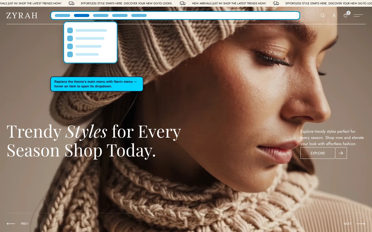 Navi+ Mega Menu replacing the desktop menu on the Zyra Shopify theme Navi+ Mega Menu replacing the desktop menu on the Zyra Shopify theme