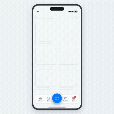 A sticky tab bar at the bottom of a phone screen with Home, Shop, Wishlist and Cart