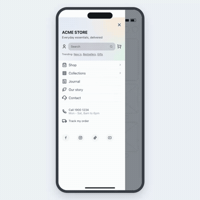 A mobile drawer menu sliding in, with search and category links